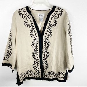 LINEA by Louis Dell’Olio 100% Linen Black Embroidered Jacket, Size Medium